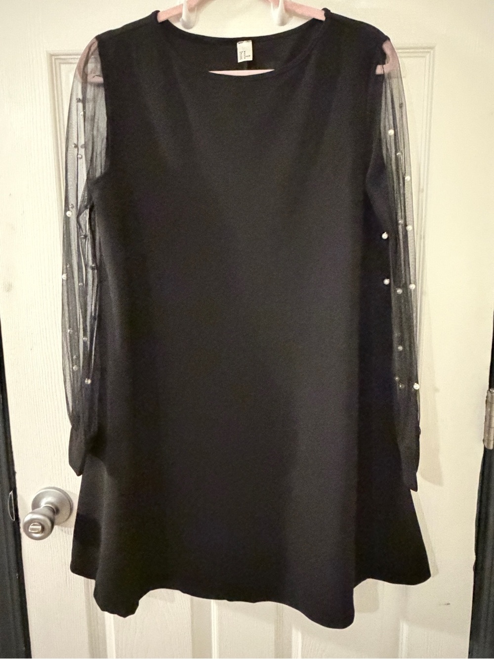 Black Dress with Sheer Pearl-Embellished Sleeves